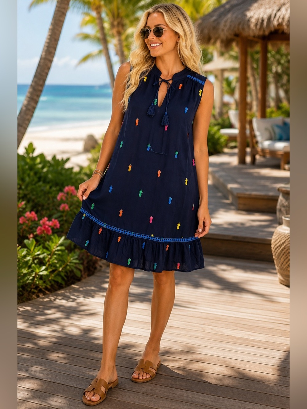 Crown & Ivy Pineapple Embroidered Navy Shift Dress Rayon L Boho Resort Summer